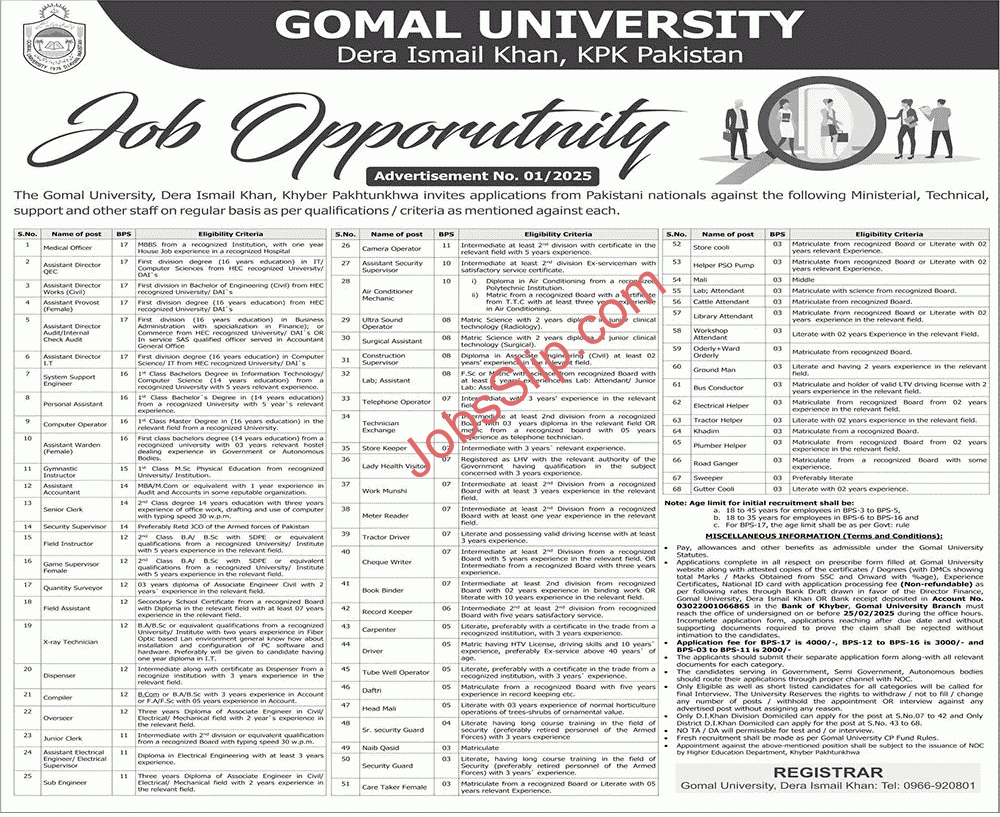 Gomal University Dera Ismail Khan Jobs 2025