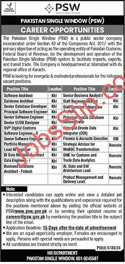 Pakistan Single Window Jobs 2025