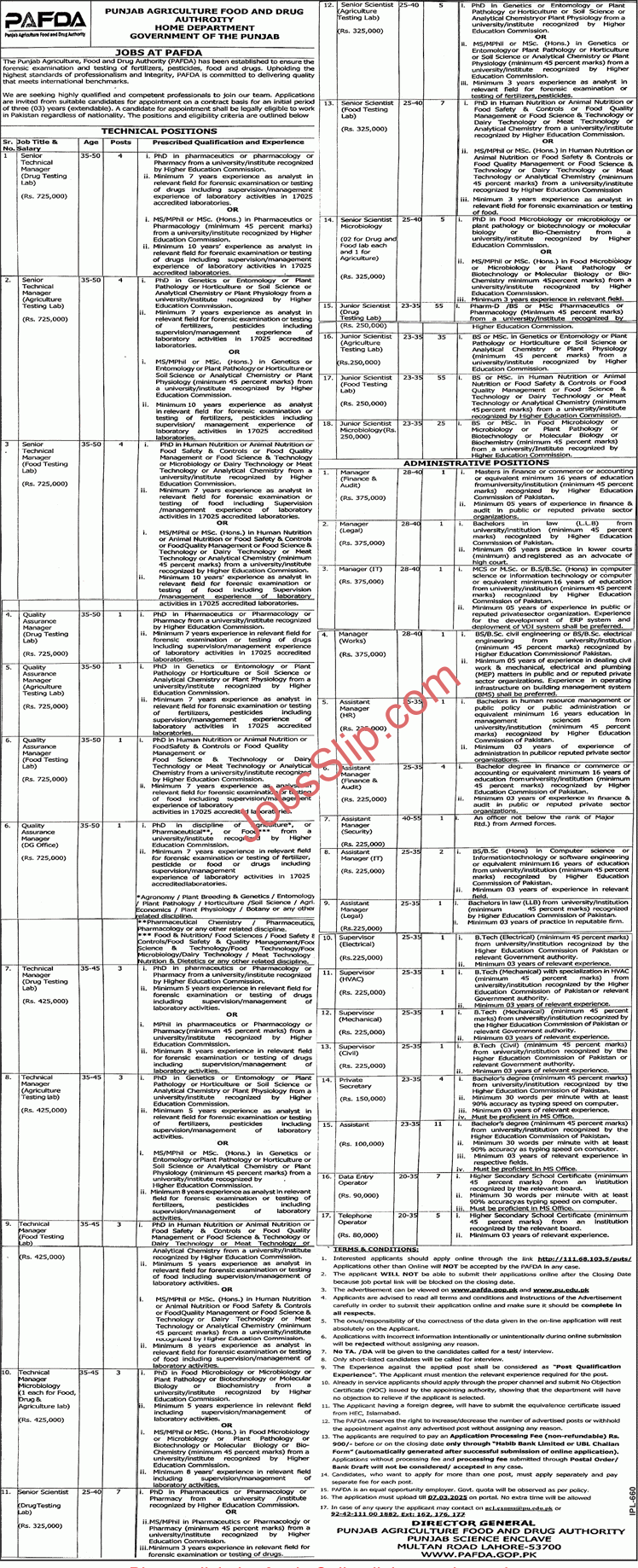 Punjab Agriculture Food and Drug Authority Jobs 2025