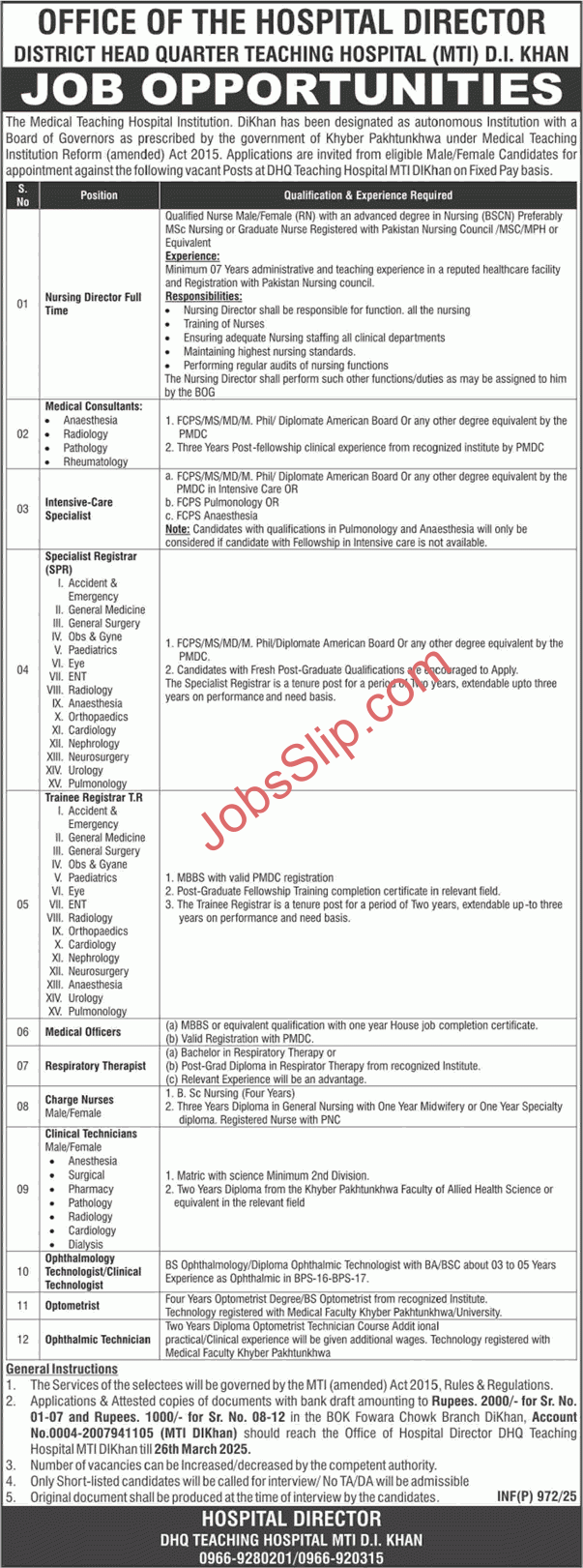 DHQ Teaching Hospital Dera Ismail Khan Jobs 2025